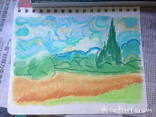 色粉笔粉彩 梵高麦田边的丝柏树