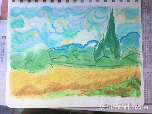 色粉笔粉彩 梵高麦田边的丝柏树