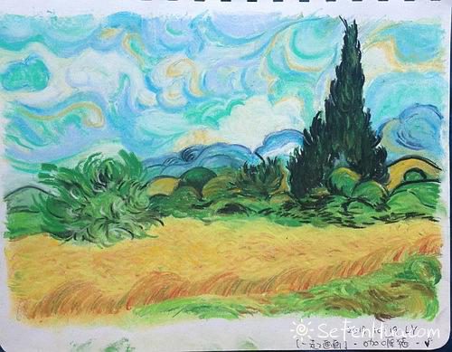 色粉笔粉彩 梵高麦田边的丝柏树-色粉画